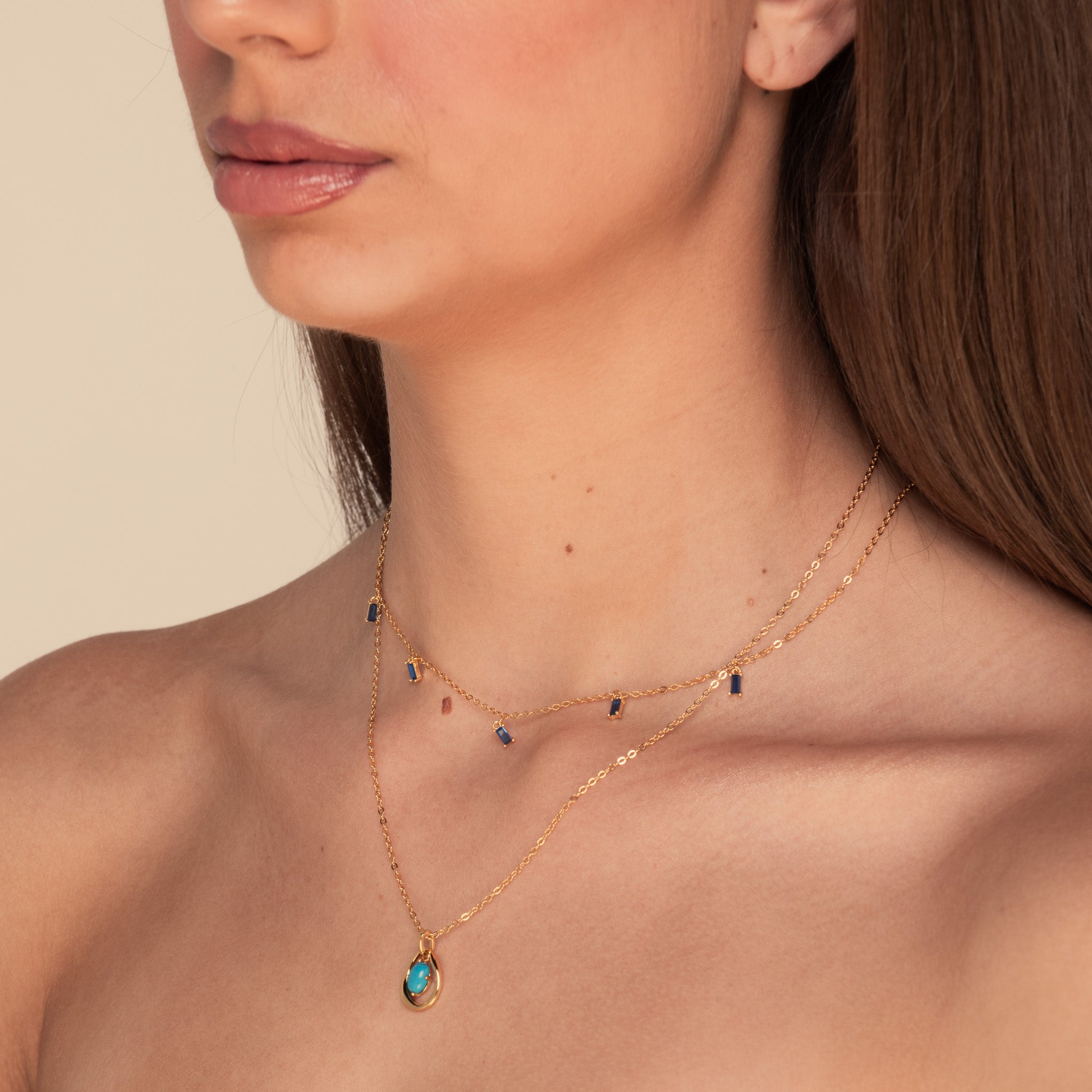 Blue Baguette Dangling Necklace Rose Gold