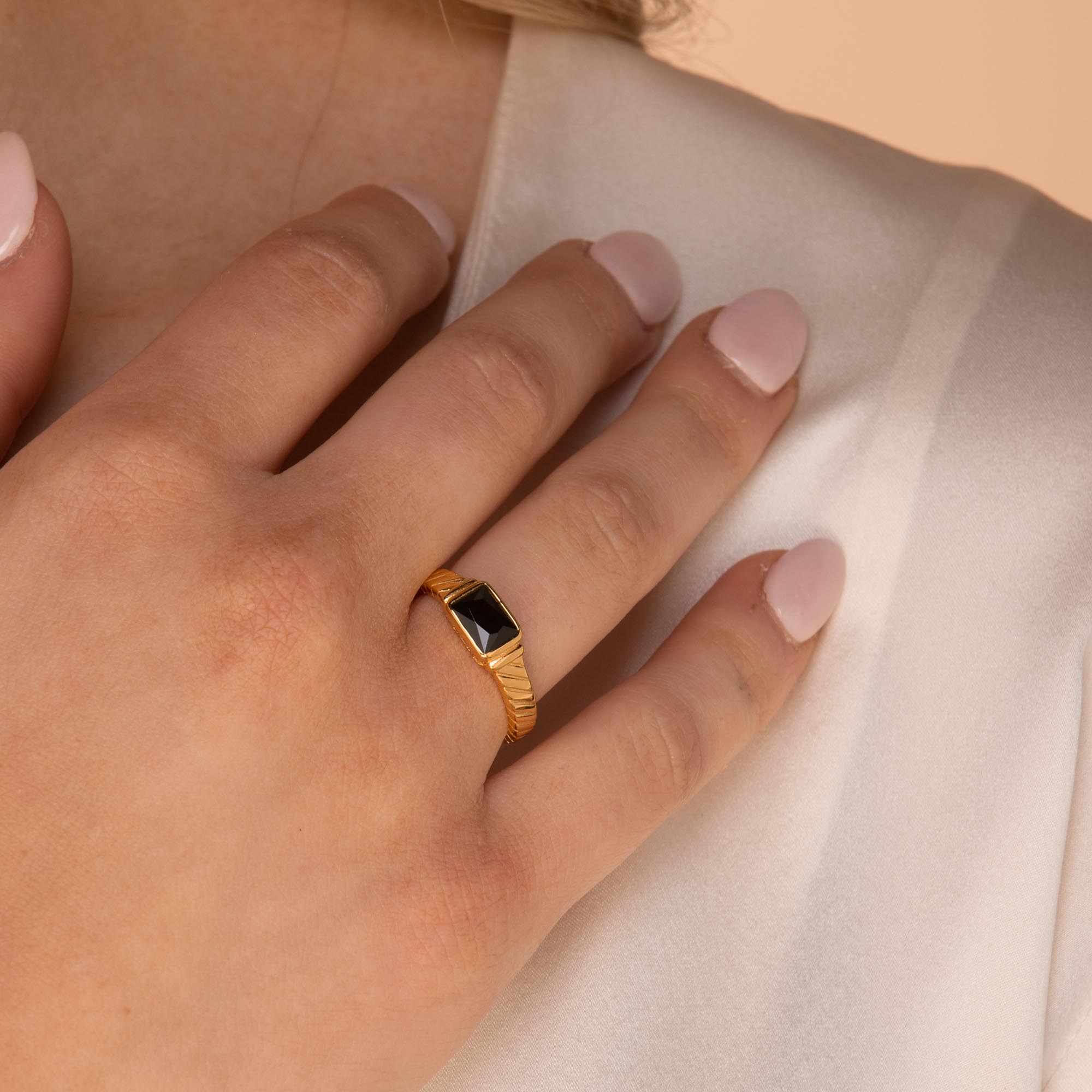 Black Baguette Open Ring Gold