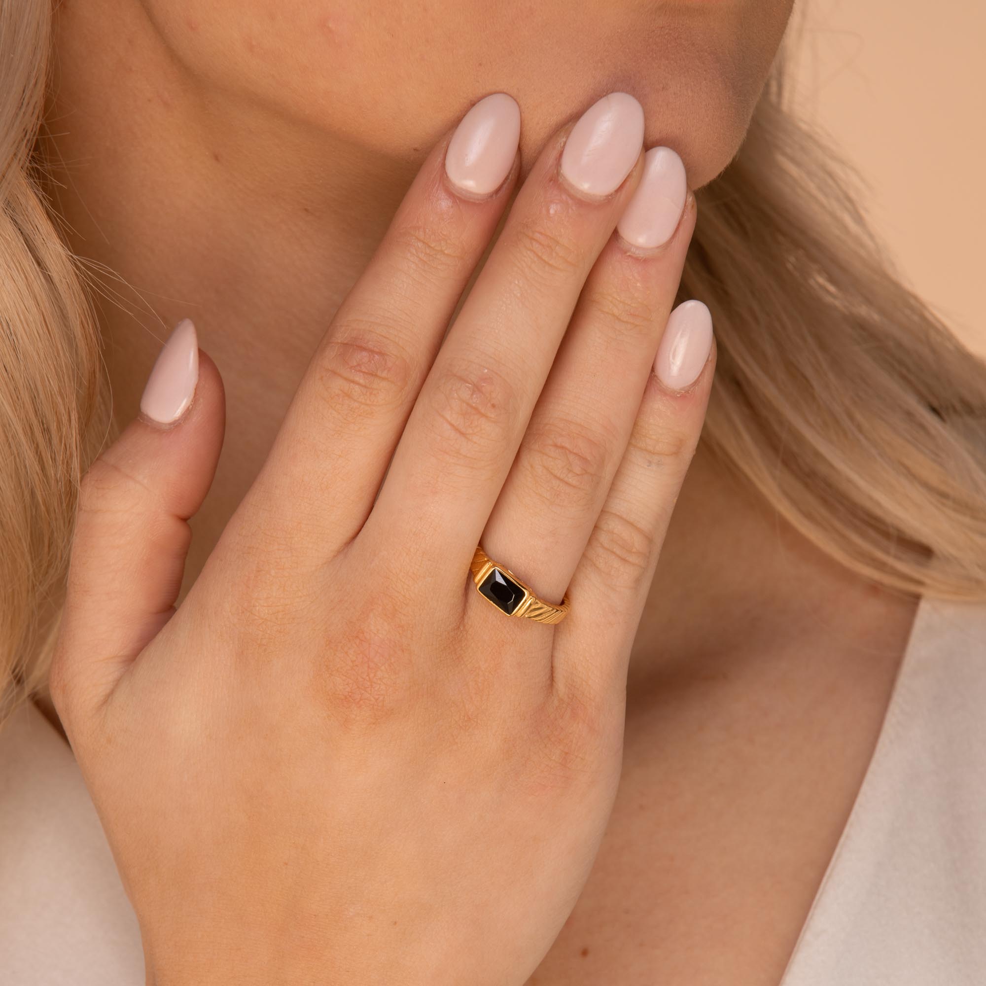 Black Baguette Open Ring Gold