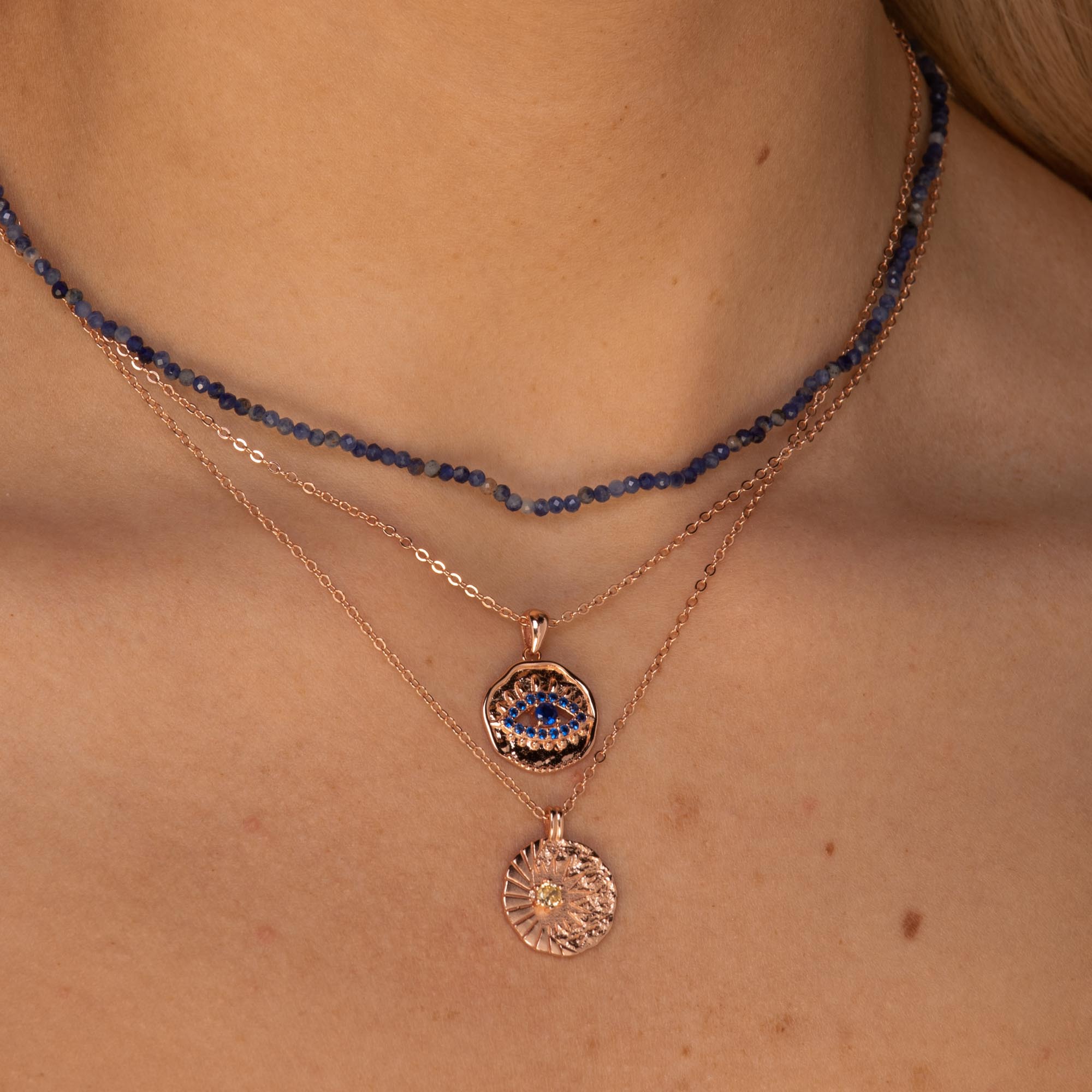 Evil Eye Cut Out Sapphire Necklace Rose Gold