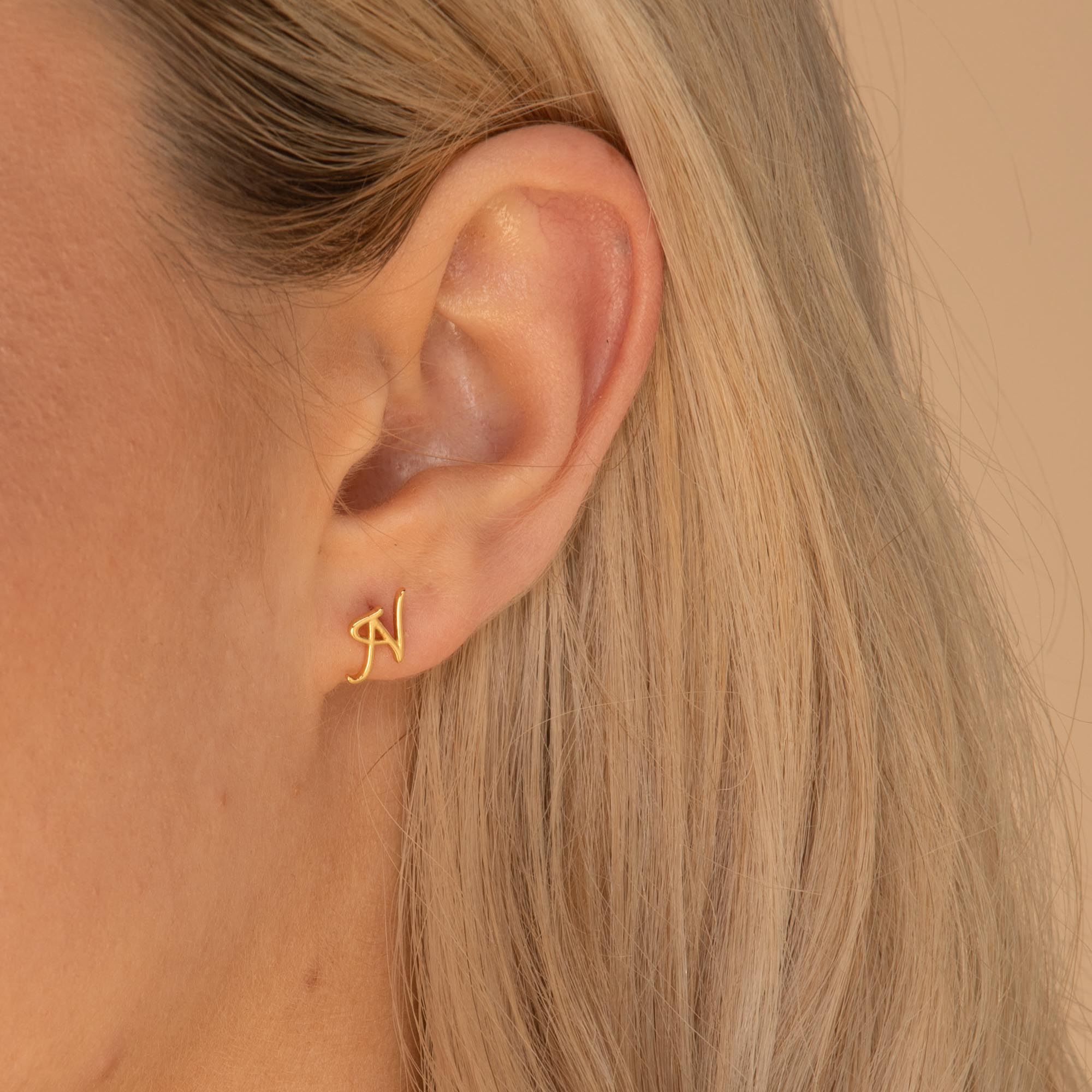 Script Initial Letter Stud Earrings Gold