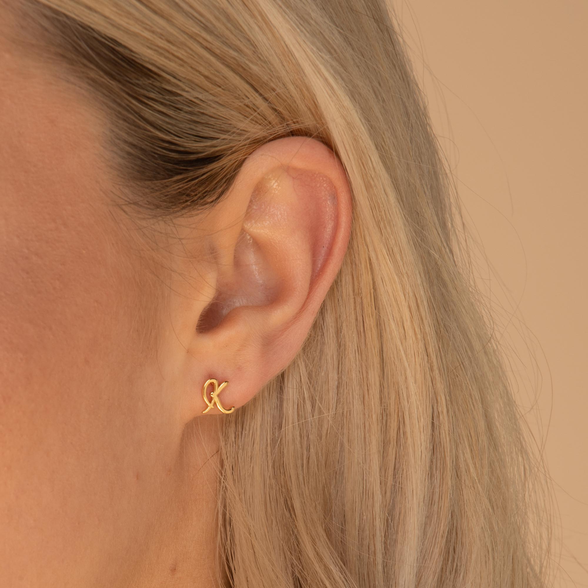 Script Initial Letter Stud Earrings Gold