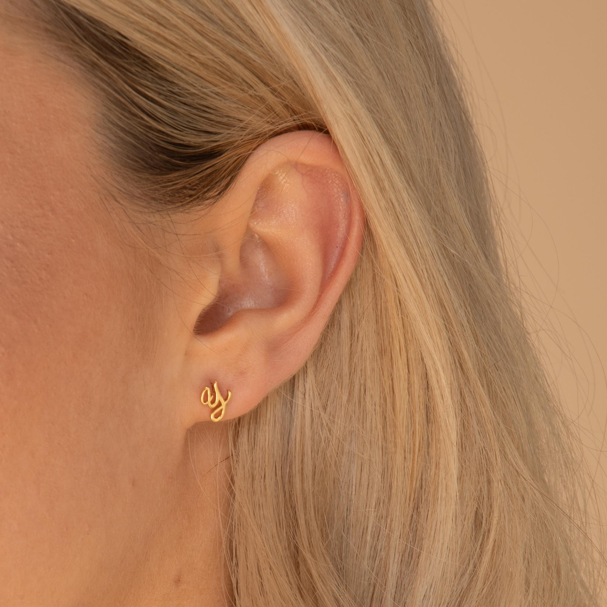 Script Initial Letter Stud Earrings Gold