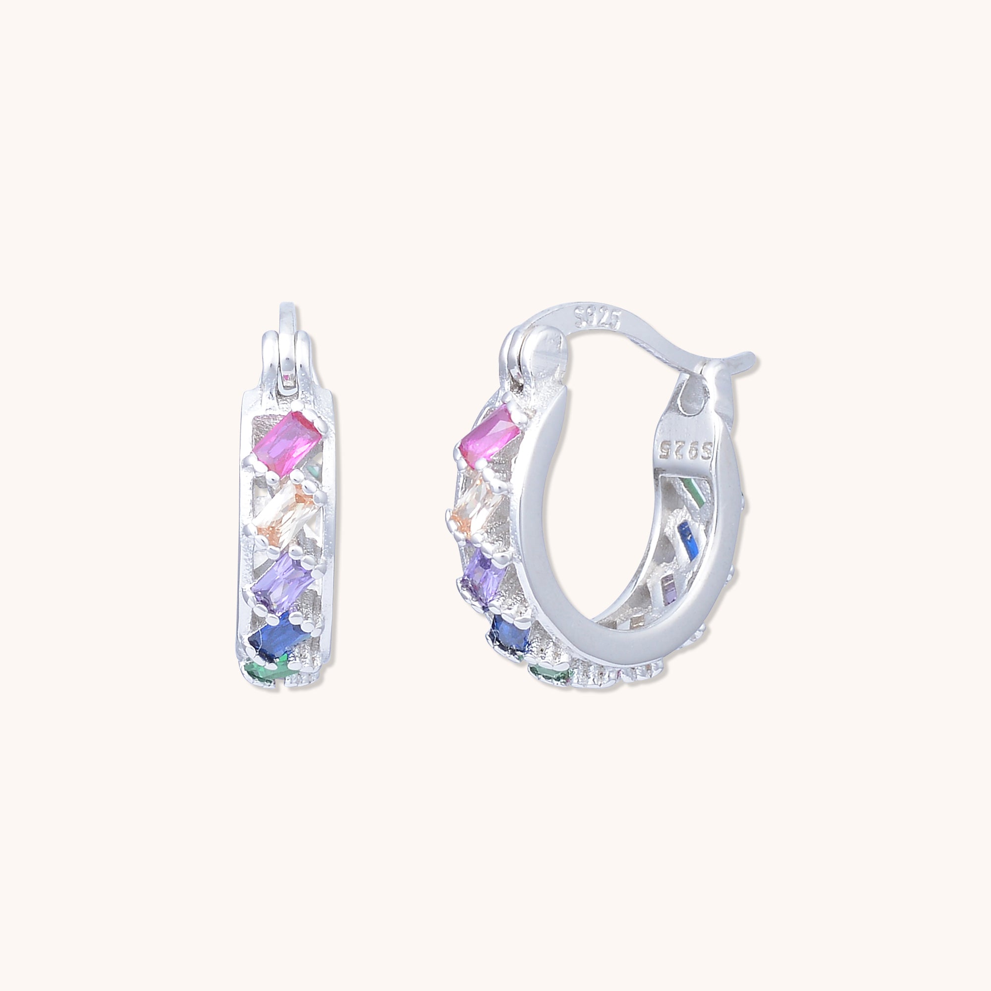 Floating Rainbow Baguette Huggie Earrings Silver