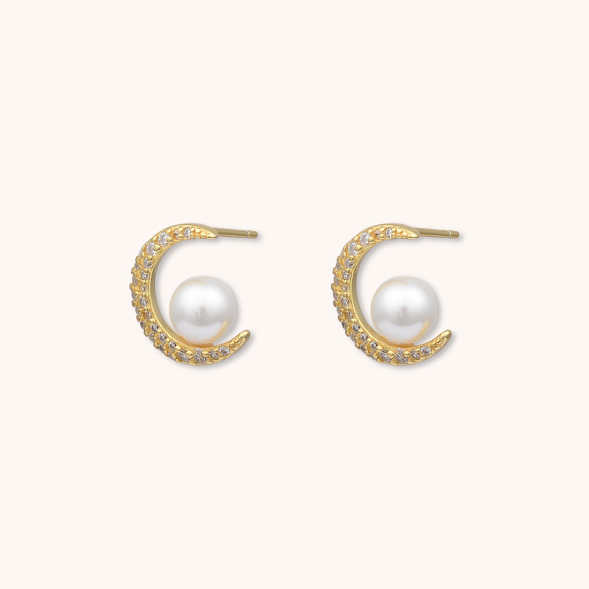 Moon Pearl Stud Earrings Gold