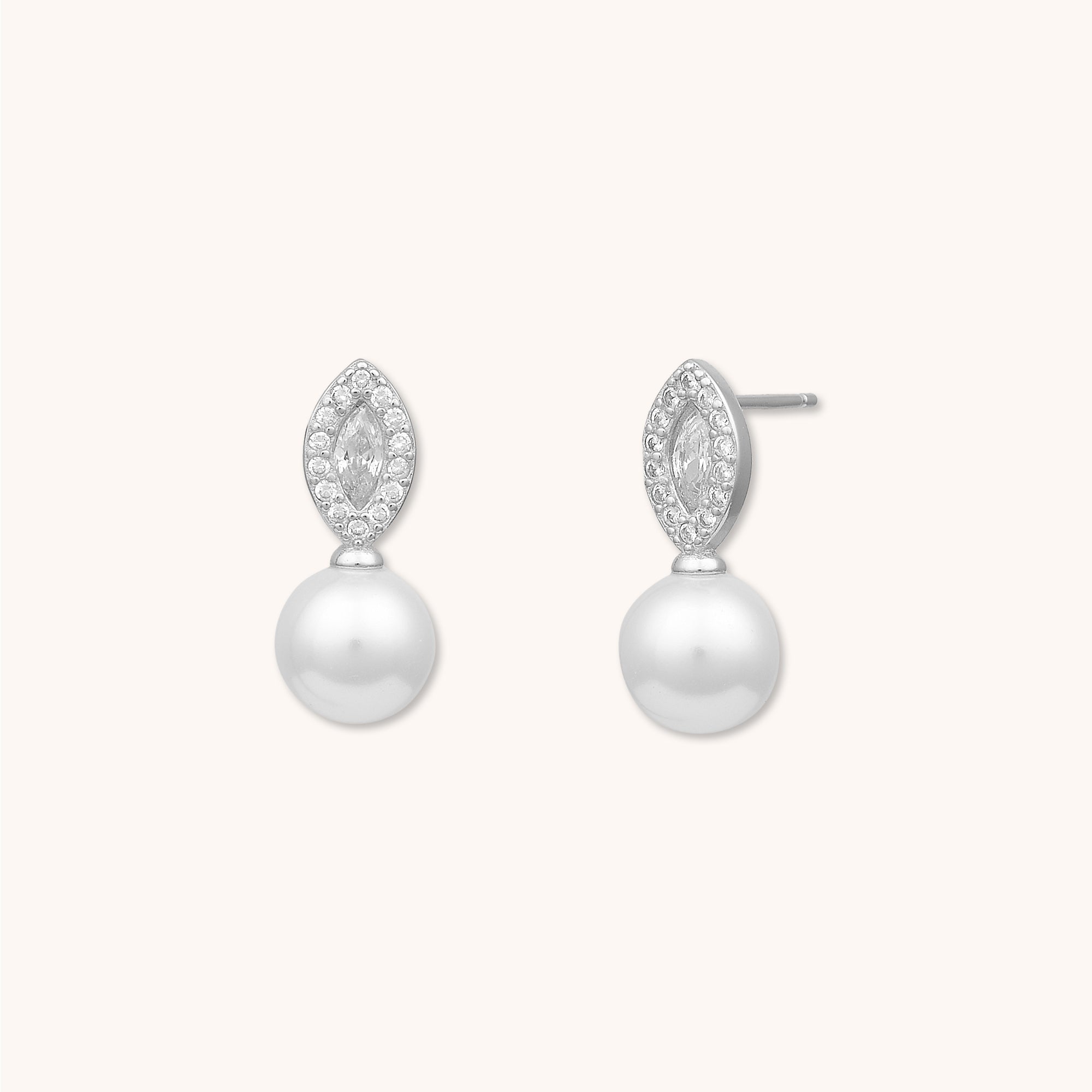 Marquise Eye Pearl Stud Earrings Silver