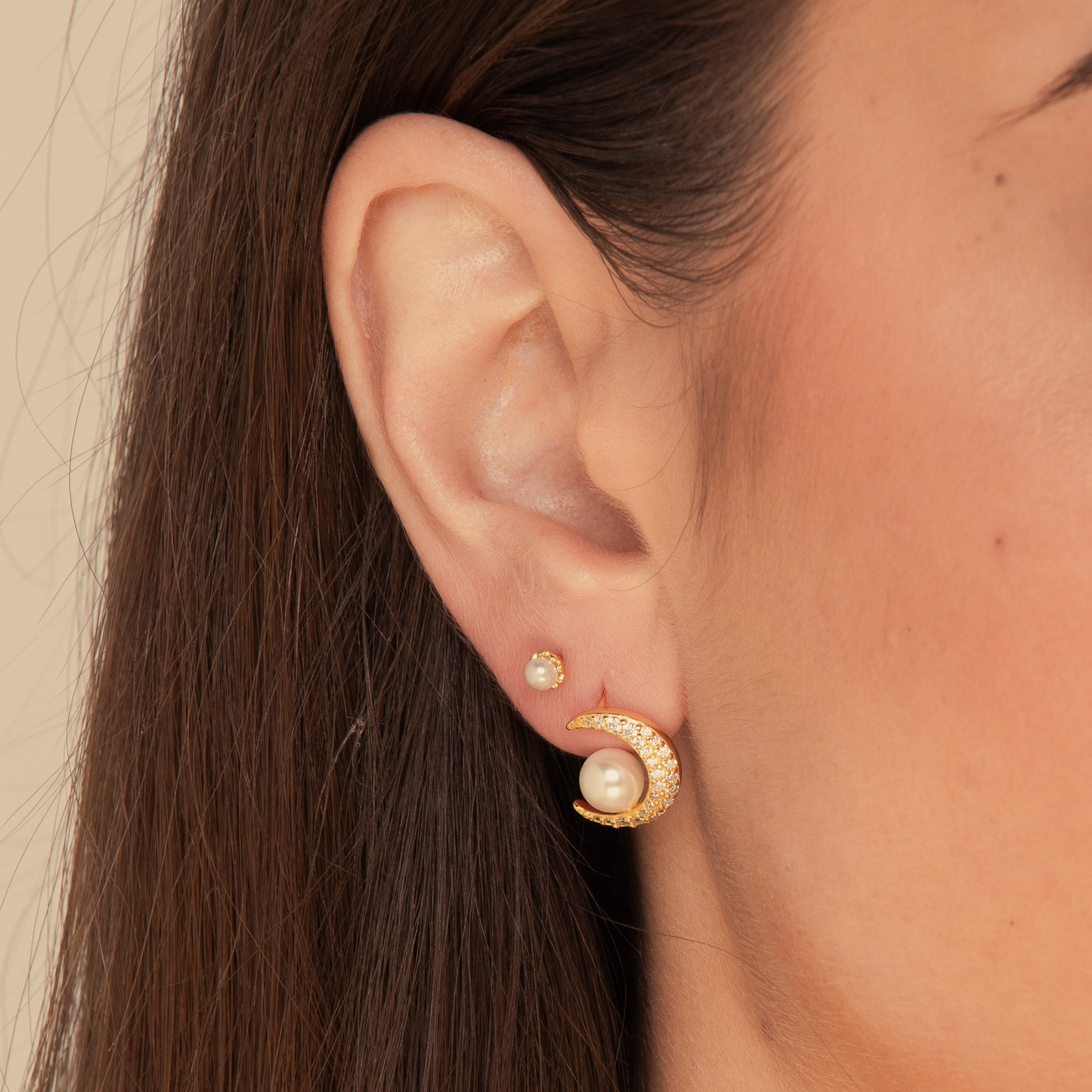 Moon Pearl Stud Earrings Gold