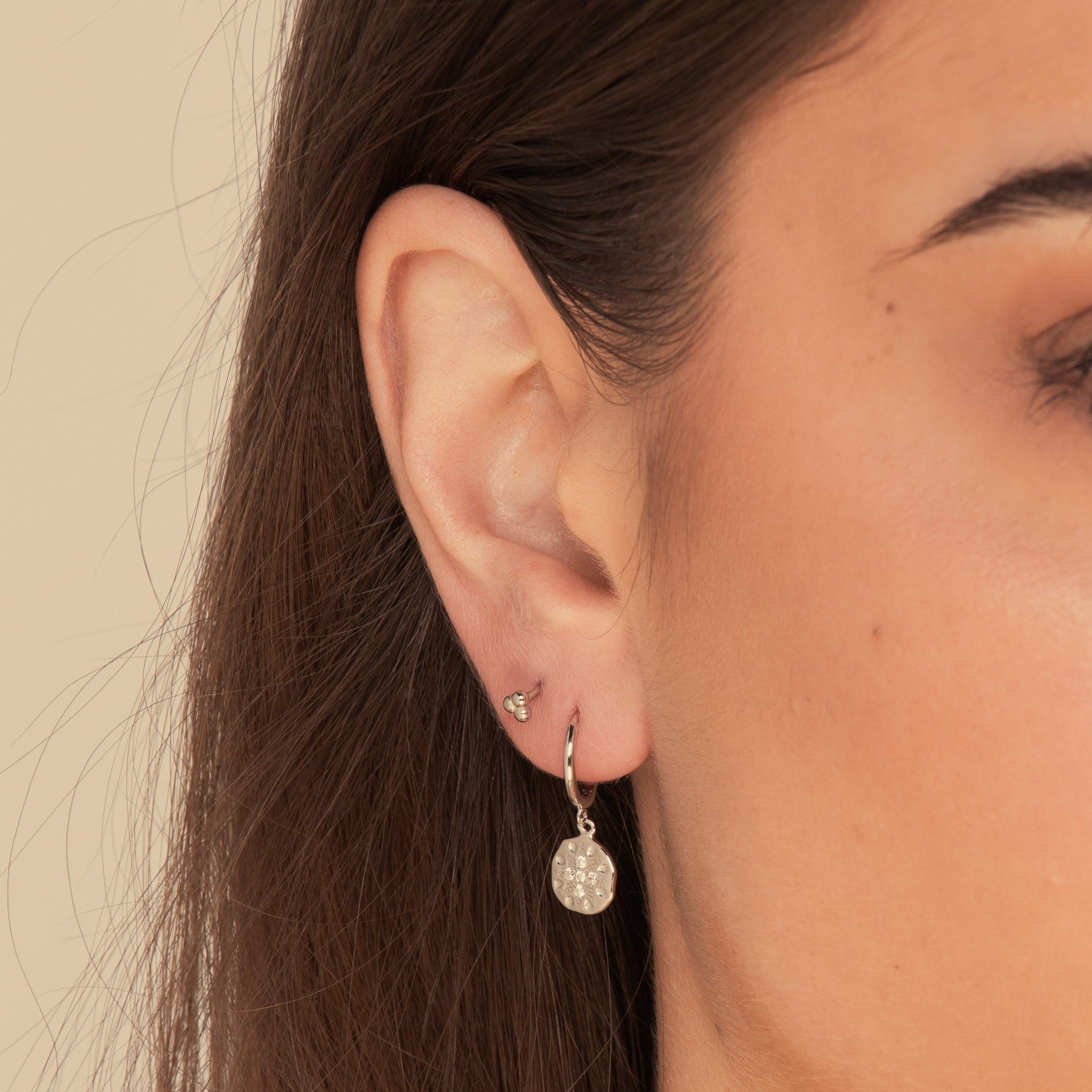 North Star Hammered Disc Hoop Earrings Silver